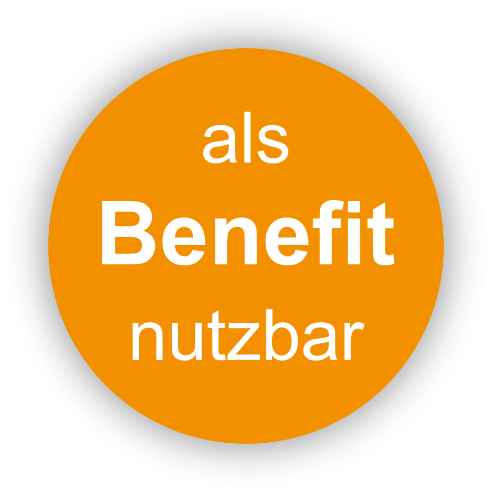 Runder, oranger Info-Button mit der Beschriftung "als Benefit nutzbar".